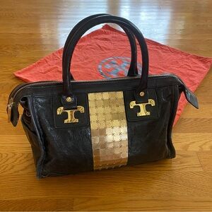 Tory Burch Black and Gold Leather Satchel